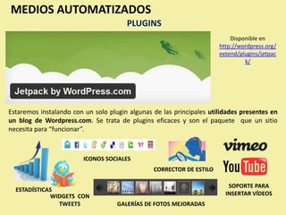 MEDIOS AUTOMATIZADOS
                                       PLUGINS
                                                                          Disponible en
                                                                      http://wordpress.org/
                                                                      extend/plugins/jetpac
                                                                               k/




Estaremos instalando con un solo plugin algunas de las principales utilidades presentes en
un blog de Wordpress.com. Se trata de plugins eficaces y son el paquete que un sitio
necesita para “funcionar”.



                         ICONOS SOCIALES
                                                CORRECTOR DE ESTILO

                                                                         SOPORTE PARA
  ESTADÍSTICAS
             WIDGETS CON                                                INSERTAR VÍDEOS
               TWEETS               GALERÍAS DE FOTOS MEJORADAS
 