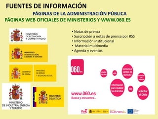 FUENTES DE INFORMACIÓN
          PÁGINAS DE LA ADMINISTRACIÓN PÚBLICA
PÁGINAS WEB OFICIALES DE MINISTERIOS Y WWW.060.ES

                          • Notas de prensa
                          • Suscripción a notas de prensa por RSS
                          • Información institucional
                          • Material multimedia
                          • Agenda y eventos
 