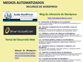 MEDIOS AUTOMATIZADOS
                   RECURSOS DE WORDPRESS

                                 Blog de referencia de Wordpress
                                       http://ayudawordpress.com/




 Portal del Desarrollo Web


        Manual de Wordpress:
        http://www.desarrollow
        eb.com/manuales/blogs.
        html
 