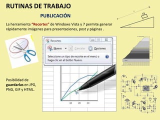 RUTINAS DE TRABAJO
                     PUBLICACIÓN
La herramienta “Recortes” de Windows Vista y 7 permite generar
rápidamente imágenes para presentaciones, post y páginas .




Posibilidad de
guardarlas en JPG,
PNG, GIF y HTML.
 