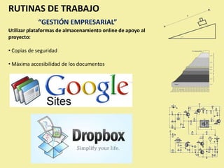 RUTINAS DE TRABAJO
            “GESTIÓN EMPRESARIAL”
Utilizar plataformas de almacenamiento online de apoyo al
proyecto:

• Copias de seguridad

• Máxima accesibilidad de los documentos
 