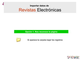Importar datos de   Revistas  Electrónicas Opción 1. Nos reconoce la página Si aparece la carpeta bajar los registros 