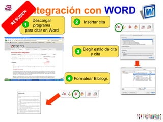 Integración con   WORD Descargar  programa  para citar en Word  1 Elegir estilo de cita y cita 3 Insertar cita 2 Formatear Bibliogr. 4 RESUMEN 
