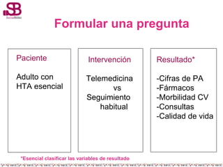 Formular una pregunta
Paciente
Adulto con
HTA esencial

Paciente
Problema

Intervención
Telemedicina
vs
Seguimiento
Interv...