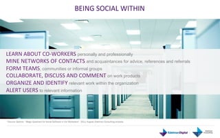 BEING	
  SOCIAL	
  WITHIN	
  




LEARN	
  ABOUT	
  CO-­‐WORKERS	
  personally and professionally
MINE	
  NETWORKS	
  OF	
  CONTACTS	
  and acquaintances for advice, references and referrals
FORM	
  TEAMS, communities or informal groups
COLLABORATE,	
  DISCUSS	
  AND	
  COMMENT	
  on work products
ORGANIZE	
  AND	
  IDENTIFY	
  relevant work within the organization
ALERT	
  USERS	
  to relevant information




*Source: Gartner, “Magic Quadrant for Social Software in the Workplace”, 2011 August; Edelman Consulting analysis
 