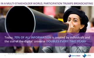 IN	
  A	
  MULTI-­‐STAKEHOLDER	
  WORLD,	
  PARTICIPATION	
  TRUMPS	
  BROADCASTING	
  




   Today,	
  70%	
  OF	
  ALL	
  INFORMATION	
  is	
  created	
  by	
  individuals	
  and	
  
   the	
  size	
  of	
  the	
  digital	
  	
  universe	
  DOUBLES	
  EVERY	
  TWO	
  YEARS	
  


           Source: IDC, “Digital Universe Study”, 2011
   3	
  
 