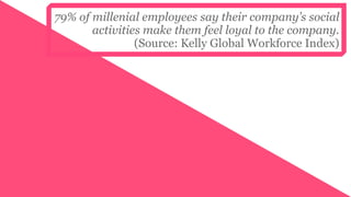 79% of millenial employees say their company’s social
       activities make them feel loyal to the company.
             ...