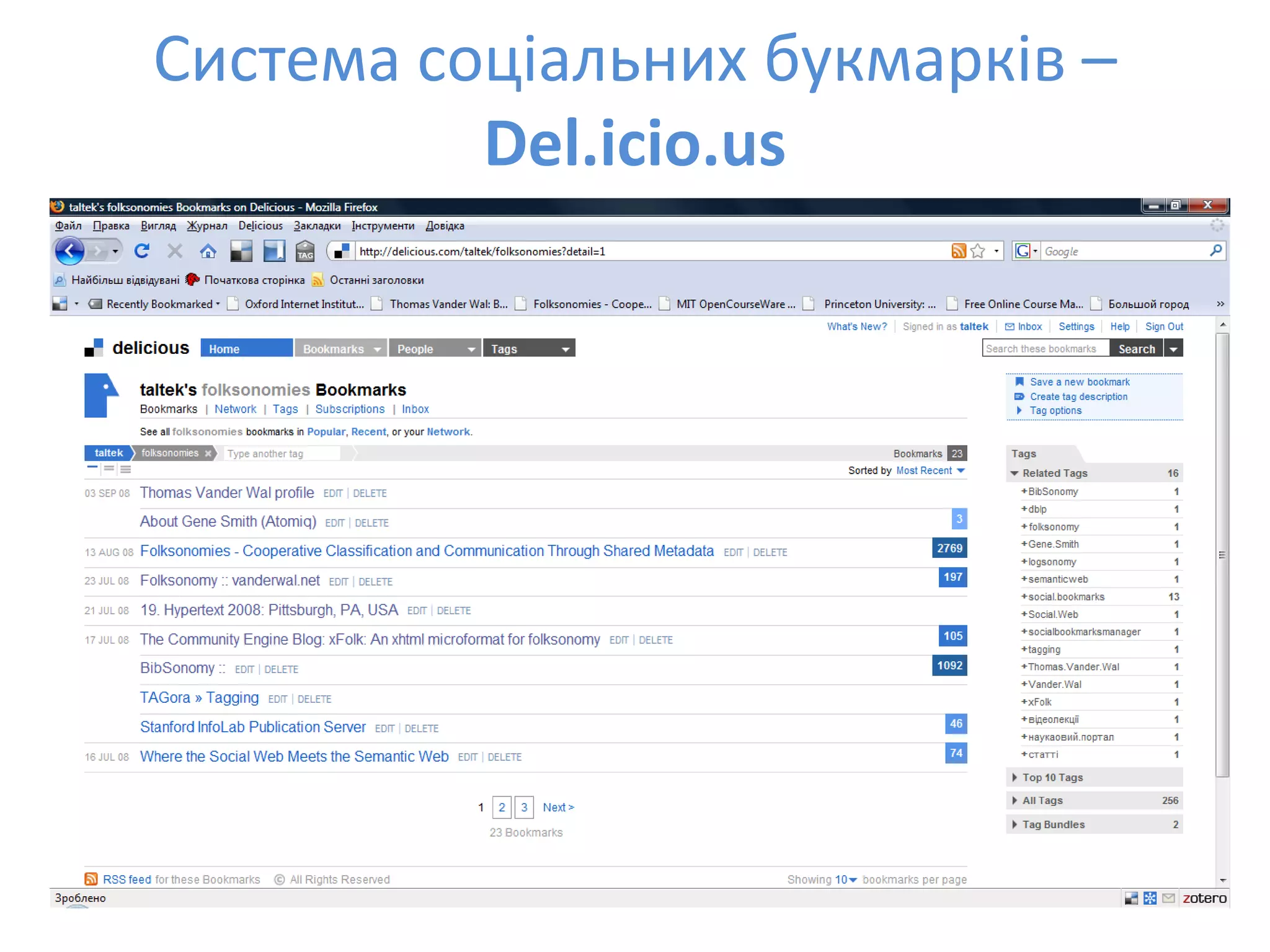 Social Bookmarks, Folksonomies–Complex Networks