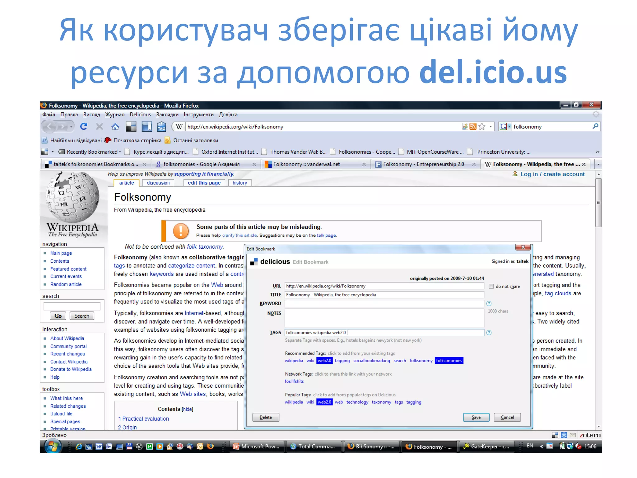 Social Bookmarks, Folksonomies–Complex Networks
