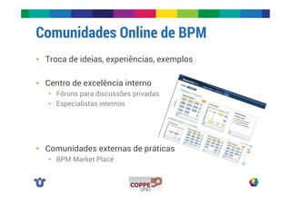 Comunidades Online de BPM 
• Troca de ideias, experiências, exemplos 
• Centro de excelência interno 
• Fóruns para discussões privadas 
• Especialistas internos 
• Comunidades externas de práticas 
• BPM Market Place 
 