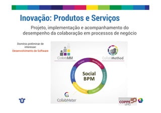 Inovação: Produtos e Serviços 
Projeto, implementação e acompanhamento do 
desempenho da colaboração em processos de negócio 
Domínio preliminar de 
interesse: 
Desenvolvimento de Software 
 