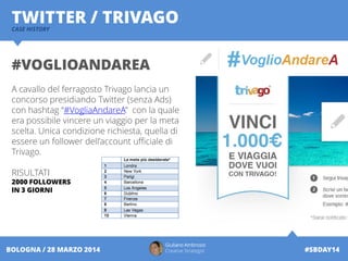 Giuliano Ambrosio
Creative Strategist #SBDAY14BOLOGNA / 28 MARZO 2014
TWITTER / TRIVAGOCASE HISTORY
#VOGLIOANDAREA
A cavallo del ferragosto Trivago lancia un
concorso presidiando Twitter (senza Ads)
con hashtag “#VogliaAndareA” con la quale
era possibile vincere un viaggio per la meta
scelta. Unica condizione richiesta, quella di
essere un follower dell’account ufficiale di
Trivago.
RISULTATI
2000 FOLLOWERS
IN 3 GIORNI
 