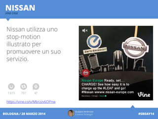 Giuliano Ambrosio
Creative Strategist #SBDAY14BOLOGNA / 28 MARZO 2014
NISSANVINE CASE
Nissan utilizza uno
stop-motion
illustrato per
promuovere un suo
servizio.
https://vine.co/v/Mbrzzv6OPnw
 