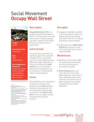Social Movement
Occupy Wall Street
                                           Description                              Strengths
                                           Occupy Wall Street (OWS) is a            ƒƒ Supporters highlight how OWS
                                           protest movement that began on              is currently active in 1,500 cities
                                           9/17/11. The main issues are social         globally and how technology
                                           and economic inequality, greed,             and social media are increasing
                                           corruption, and perceived undue             awareness and participation.
  Target                                   influence of corporations on
  Global                                   government.                              ƒƒ In November 2011, Public Policy
                                                                                       Polling did a national survey
  Sustained Action                         Call to Action                              which found that 33% of voters
  Continuous                                                                           supported OWS.
                                           The goal of this movement is to
  Size                                     fight back against the richest 1%        Weaknesses
  585k                                     of people who are writing the
  social actions                           rules of an unfair global economy.       ƒƒ Detractors often criticize OWS
                                           OWS encourages supporters to                for not having clear demands
  Key Engagement                           follow the revolutionary Arab               and thus not being able to
  Platforms                                Spring tactic to achieve their              accomplish any goals.
  Facebook, Twitter,                       goals, and encourages the use
  Tumblr, Website                          of nonviolence to maximize the           ƒƒ Ginia Fellafante points out
  and Celebrities                          safety of all participants.                 in the New York Times that
  (Michael Moore,                                                                      OWS supporters have a lack of
  Nancy Pelosi)                            Cause                                       focus, highlighting some who
                                                                                       note that “no one who uses an
                                           Occupy Wall Street is a leaderless          Apple computer can possibly
SOURCES
                                           resistance movement, with                   say anything critical about
http://occupywallst.org/
http://en.wikipedia.org/wiki/Occupy_
                                           people of many colors, genders              capitalism.”
Wall_Street
http://en.wikipedia.org/wiki/Arab_Spring   and political persuasions. The
http://www.yesmagazine.org/people-
power/occupywallstreet?gclid=CLOX          one thing all participants have
jv2p67MCFYd9Ogod1DgACQ
http://www.yesmagazine.org/people-         in common is that We Are The
power/five-ways-occupywallstreet-has-
succeeded
http://www.theblaze.com/stories/
                                           99% who will no longer tolerate
top-ten-richest-celebrities-supporting-
occupy-wall-street/#                       the greed and corruption
http://stpeteforpeace.org/occupyarrests.
sources.html                               of the 1%. 
http://www.nytimes.com/2011/09/25/
nyregion/protesters-are-gunning-for-
wall-street-with-faulty-aim.html?_r=2
http://en.wikipedia.org/wiki/Public_
Policy_Polling




                                                                                                                   20
                                            BUILDING SOCIAL MOVEMENTS FOR BRANDS
                                                                       MARCH 2013
 