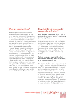 What are social actions?                                  How do different movements
                                                          compare to each other?
Whether a political movement, a social
movement or a brand movement, all are                     Entertainment Phenomena, Political, Social
trying to do more than simply reach people.               and Brand Movements, fall into a descending
They need to drive action, whether as simple              order of magnitude.
as sharing a Facebook post or retweeting a
message, or as complex as changing energy-                Entertainment phenomena, like Justin Bieber
saving behavior. To compare movements,                    and Gangnam Style, earn more than a billion
we looked at a variety of typical engagement              social actions. Political campaigns, like the
metrics, from liking a Facebook page                      U.S. Presidential, race garner hundreds of
(“fanning” a page) to watching a video to                 millions of social actions. Social and Brand
following a Twitter handle. We consider                   Movements fall below these levels, often
each a “social action.” Most are triggers for             earning between five to ten million social
additional advocacy. Facebook shares, for                 actions.
example, broadcast our action to our own
friends and followers via our own personal                Political campaigns rely on paid media to
page, and expand the reach of a program.                  spark owned and earned media to a massive
The value of social actions are not all equal.            scale in a short period of time.
Some stimulate more sharing or drive more
time spent with content. Each is a discrete               Presidential elections have a singular purpose
action, and we have grouped them into a                   — to get a candidate elected by a fixed date. As
single number to make comparing movements                 such, they need to capture people’s attention
easier. Detail of social action types can be              and drive action in a concentrated period of
found in the Profiles of Movements section.               time. Even the established movements with
                                                          millions of members, like the 2012 campaign
                                                          to re-elect President Obama, need to grow
                                                          and update their existing member base, and
                                                          increase the actions they are likely to take.
                                                          Invariably, these campaigns rely on paid media
                                                          to grow the member base fast and drive them
                                                          to social actions in a short period of time.




                                                                                                    4
                          BUILDING SOCIAL MOVEMENTS FOR BRANDS
                                                     MARCH 2013
 