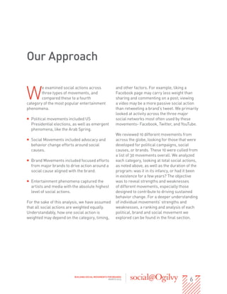 Our Approach


W
        e examined social actions across                  and other factors. For example, liking a
        three types of movements, and                     Facebook page may carry less weight than
        compared these to a fourth                        sharing and commenting on a post; viewing
category of the most popular entertainment                a video may be a more passive social action
phenomena.                                                than retweeting a brand’s tweet. We primarily
                                                          looked at activity across the three major
ƒƒ Political movements included US                        social networks most often used by these
   Presidential elections, as well as emergent            movements- Facebook, Twitter, and YouTube.
   phenomena, like the Arab Spring.
                                                          We reviewed 10 different movements from
ƒƒ Social Movements included advocacy and                 across the globe, looking for those that were
   behavior change efforts around social                  developed for political campaigns, social
   causes.                                                causes, or brands. These 10 were culled from
                                                          a list of 30 movements overall. We analyzed
ƒƒ Brand Movements included focused efforts               each category, looking at total social actions,
   from major brands to drive action around a             as noted above, as well as the duration of the
   social cause aligned with the brand.                   program: was it in its infancy, or had it been
                                                          in existence for a few years? The objective
ƒƒ Entertainment phenomena captured the                   was to reveal strengths and weaknesses
   artists and media with the absolute highest            of different movements, especially those
   level of social actions.                               designed to contribute to driving sustained
                                                          behavior change. For a deeper understanding
For the sake of this analysis, we have assumed            of individual movements’ strengths and
that all social actions are weighted equally.             weaknesses, a ranking and analysis of each
Understandably, how one social action is                  political, brand and social movement we
weighted may depend on the category, timing,              explored can be found in the final section.




                                                                                                    6
                          BUILDING SOCIAL MOVEMENTS FOR BRANDS
                                                     MARCH 2013
 