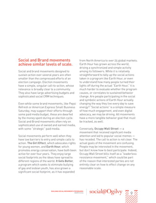 Social and Brand movements                                 from North America to over 25 global markets.
achieve similar levels of scale.                           Earth Hour has grown across the world,
                                                           driving a synchronized and simple activity
Social and brand movements designed to                     among its followers. While it is relatively
sustain action over several years are often                straightforward to tally up the social actions
smaller than the compressed efforts of an                  taken in a program like Earth Hour, or even
election campaign. Election movements                      to understand how many people turned their
have a simple, singular call-to-action, whose              lights off during the actual “Earth Hour,” it is
relevance is broadly clear to a community.                 much harder to evaluate whether the program
They also have large advertising budgets and               causes, or correlates to sustained behavior
sophisticated social CRM techniques.                       change. Are people participating in the social
                                                           and symbolic actions of Earth Hour actually
Even while some brand movements, like Pepsi                changing the way they live every day to save
Refresh or American Express Small Business                 energy? “Social actions” is a simple measure
Saturday, may support their efforts through                of how much engagement, and even digital
some paid media budget, these are dwarfed                  advocacy, we may be driving. All movements
by the money spent during an election cycle.               have a more tangible behavior goal that must
Social and Brand movements often rely on                   be tracked, as well.
sophisticated use of owned and earned media,
with some “strategic” paid media.                          Conversely, Occupy Wall Street — a
                                                           movement that received significant media
Social movements perform well when they                    attention and led to popular social memes —
have low barriers to entry and simple calls to             has receded. The call to action is not clear. The
action. The Girl Effect, which advocates rights            actual goals of the movement are confusing.
for young women, and Earth Hour, which                     People may be interested in the movement,
promotes energy conservation, have both been               but don’t know how to best participate. Indeed,
active for over four years. They enjoy large               Occupy Wall Street bills itself as a “leaderless
social footprints as the ideas have spread to              resistance movement,” which could be part
different regions of the world. It Gets Better,            of the reason that interested parties are not
a program which seeks to eliminate bullying                entirely clear on how to effect change on any
of gay and lesbian youth, has also grown a                 reasonable scale.
significant social footprint, as it has expanded




                                                                                                      9
                           BUILDING SOCIAL MOVEMENTS FOR BRANDS
                                                      MARCH 2013
 