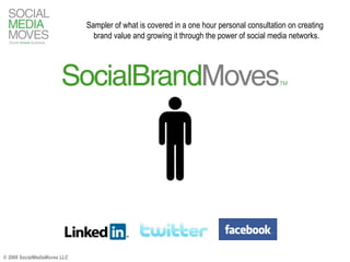 Sampler of what is covered in a one hour personal consultation on creating brand value and growing it through the power of social media networks.  © 2009 SocialMediaMoves LLC 