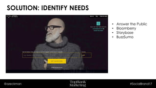 @azeckman #SocialBrand17
• Answer the Public
• Bloomberry
• Storybase
• BuzzSumo
SOLUTION: IDENTIFY NEEDS
 