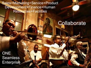Sales+Marketing+Service+Product
 Development+Finance+Human
      Resources+Facilities


                              Collaborate




ONE
Seamless
Enterprise
 