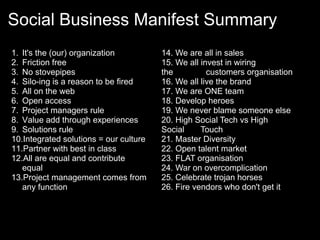 Social Business Manifest Summary
1. It's the (our) organization          14. We are all in sales
2. Friction free                        15. We all invest in wiring
3. No stovepipes                        the          customers organisation
4. Silo-ing is a reason to be fired     16. We all live the brand
5. All on the web                       17. We are ONE team
6. Open access                          18. Develop heroes
7. Project managers rule                19. We never blame someone else
8. Value add through experiences        20. High Social Tech vs High
9. Solutions rule                       Social     Touch
10.Integrated solutions = our culture   21. Master Diversity
11.Partner with best in class           22. Open talent market
12.All are equal and contribute         23. FLAT organisation
   equal                                24. War on overcomplication
13.Project management comes from        25. Celebrate trojan horses
   any function                         26. Fire vendors who don't get it
 