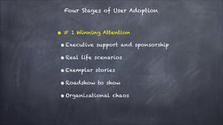 Four Stages of User Adoption

•#

1 Winning Attention

• Executive
• Real

support and sponsorship

life scenarios

• Exem...
