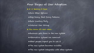 Four Stages of User Adoption
•#

4 Making it Real

• Zero
• Stop

Other Options
Doing, Start Doing Patterns

• Bulk

Loadi...