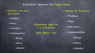 Education Sessions for Super Users
• Hands On Training

• General overview
and demo
– Profiles
– Files
– Activities
– Comm...