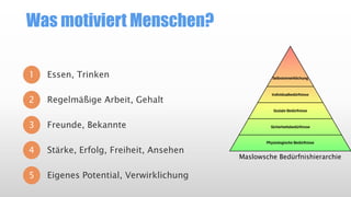 Was motiviert Menschen?
1

Essen, Trinken

2

Regelmäßige Arbeit, Gehalt

3

Freunde, Bekannte

4

Stärke, Erfolg, Freiheit, Ansehen

5

Eigenes Potential, Verwirklichung

Maslowsche Bedürfnishierarchie

 