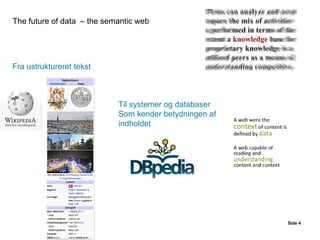 Side  The future of data  – the semantic web Fra ustruktureret tekst Til systemer og databaser Som kender betydningen af i...