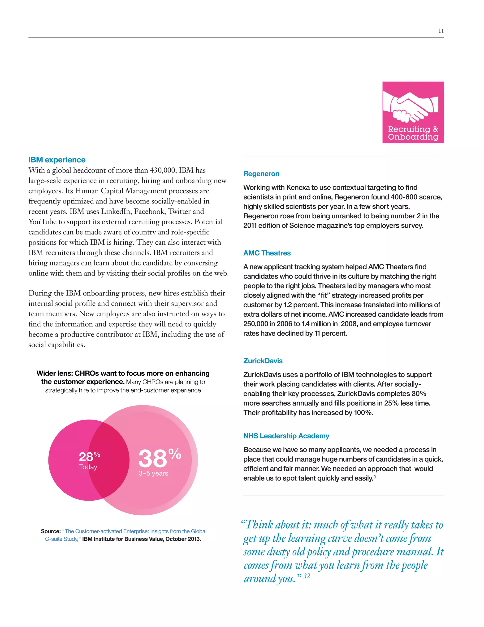 11

IBM experience
With a global headcount of more than 430,000, IBM has
large-scale experience in recruiting, hiring and onboarding new
employees. Its Human Capital Management processes are
frequently optimized and have become socially-enabled in
recent years. IBM uses LinkedIn, Facebook, Twitter and
YouTube to support its external recruiting processes. Potential
candidates can be made aware of country and role-specific
positions for which IBM is hiring. They can also interact with
IBM recruiters through these channels. IBM recruiters and
hiring managers can learn about the candidate by conversing
online with them and by visiting their social profiles on the web.
During the IBM onboarding process, new hires establish their
internal social profile and connect with their supervisor and
team members. New employees are also instructed on ways to
find the information and expertise they will need to quickly
become a productive contributor at IBM, including the use of
social capabilities.

Regeneron
Working with Kenexa to use contextual targeting to find
scientists in print and online, Regeneron found 400-600 scarce,
highly skilled scientists per year. In a few short years,
Regeneron rose from being unranked to being number 2 in the
2011 edition of Science magazine’s top employers survey.

AMC Theatres
A new applicant tracking system helped AMC Theaters find
candidates who could thrive in its culture by matching the right
people to the right jobs. Theaters led by managers who most
closely aligned with the “fit” strategy increased profits per
customer by 1.2 percent. This increase translated into millions of
extra dollars of net income. AMC increased candidate leads from
250,000 in 2006 to 1.4 million in 2008, and employee turnover
rates have declined by 11 percent.

ZurickDavis
Wider lens: CHROs want to focus more on enhancing
the customer experience. Many CHROs are planning to
strategically hire to improve the end-customer experience

ZurickDavis uses a portfolio of IBM technologies to support
their work placing candidates with clients. After sociallyenabling their key processes, ZurickDavis completes 30%
more searches annually and fills positions in 25% less time.
Their profitability has increased by 100%.
NHS Leadership Academy

28%
Today

38

%

3–5 years

Source: “The Customer-activated Enterprise: Insights from the Global
C-suite Study,” IBM Institute for Business Value, October 2013.

Because we have so many applicants, we needed a process in
place that could manage huge numbers of candidates in a quick,
efficient and fair manner. We needed an approach that would
enable us to spot talent quickly and easily.31

“Think about it: much of what it really takes to
get up the learning curve doesn’t come from
some dusty old policy and procedure manual. It
comes from what you learn from the people
around you.” 32

 