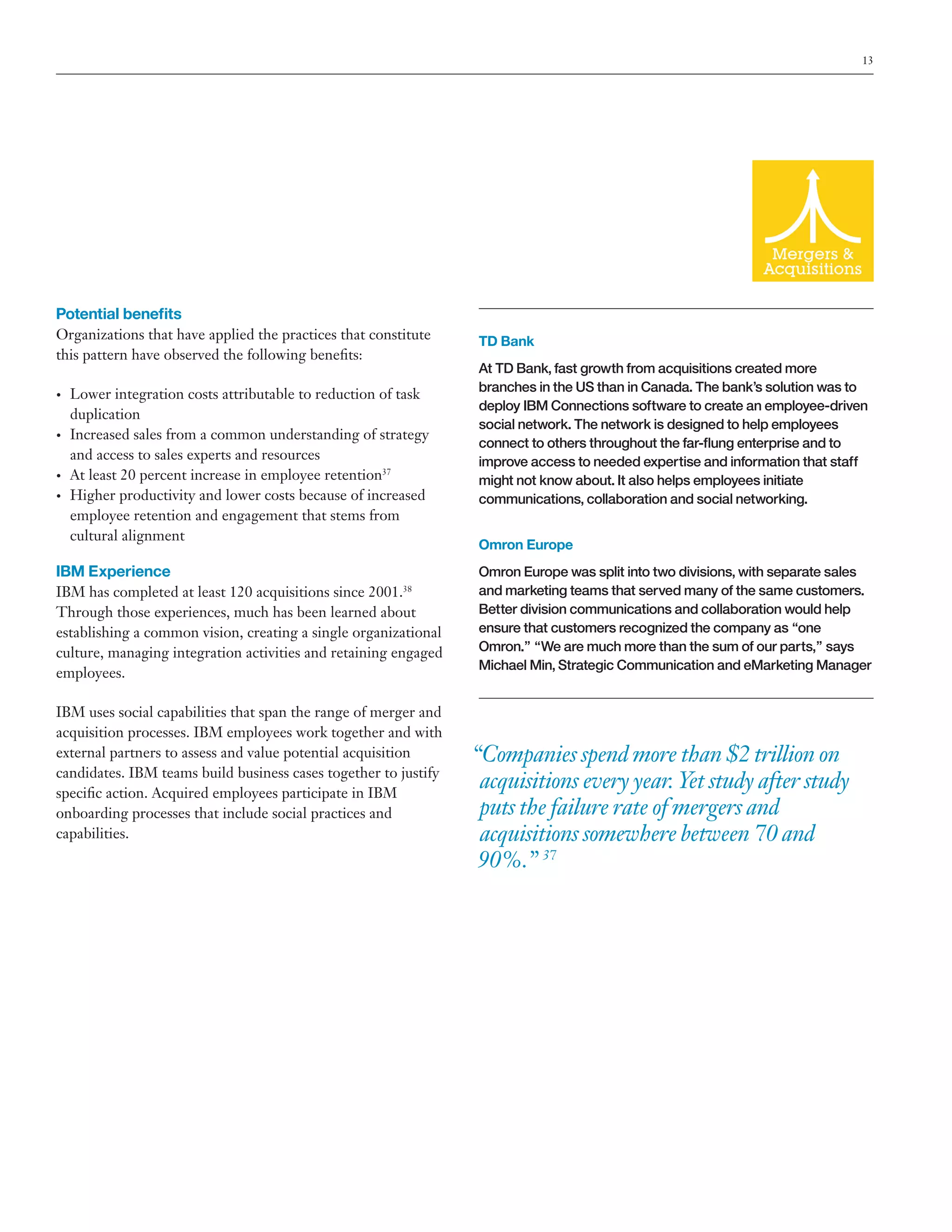 13

Potential benefits
Organizations that have applied the practices that constitute
this pattern have observed the following benefits:
•	

•	

•	
•	

Lower integration costs attributable to reduction of task
duplication
Increased sales from a common understanding of strategy
and access to sales experts and resources
At least 20 percent increase in employee retention37
Higher productivity and lower costs because of increased
employee retention and engagement that stems from
cultural alignment

IBM Experience
IBM has completed at least 120 acquisitions since 2001.38
Through those experiences, much has been learned about
establishing a common vision, creating a single organizational
culture, managing integration activities and retaining engaged
employees.
IBM uses social capabilities that span the range of merger and
acquisition processes. IBM employees work together and with
external partners to assess and value potential acquisition
candidates. IBM teams build business cases together to justify
specific action. Acquired employees participate in IBM
onboarding processes that include social practices and
capabilities.

TD Bank
At TD Bank, fast growth from acquisitions created more
branches in the US than in Canada. The bank’s solution was to
deploy IBM Connections software to create an employee-driven
social network. The network is designed to help employees
connect to others throughout the far-flung enterprise and to
improve access to needed expertise and information that staff
might not know about. It also helps employees initiate
communications, collaboration and social networking.
Omron Europe
Omron Europe was split into two divisions, with separate sales
and marketing teams that served many of the same customers.
Better division communications and collaboration would help
ensure that customers recognized the company as “one
Omron.” “We are much more than the sum of our parts,” says
Michael Min, Strategic Communication and eMarketing Manager

“Companies spend more than $2 trillion on
acquisitions every year. Yet study after study
puts the failure rate of mergers and
acquisitions somewhere between 70 and
90%.” 37

 