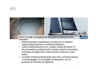 Alcuni consigli ai naviganti per affrontare la sfida del social
business:
• Ridimensionate le aspettative e puntate ad un obiettivo
   raggiungibile (approccio marketing strategico)
• Unite le abilità tecniche di un cantiere navale (fornitore IT)
   a e competenze professionali di skipper esperti (consulenza
   alle co pe e e p o ess o a d s ppe espe (co su e a
   di change management) e fateli lavorare insieme ai vostri
   talenti
• Lavorate contemporaneamente sulla rotta, sull’imbarcazione
                     p
   e sull’equipaggio: è un progetto da disegnare, non un
   processo di business da applicare
 
