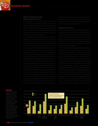 R e s e a r c h R e p o r t S o c i a l B u s i n e s s : S h i f t i n g o u t o f f i r s t g e a r 
More Industries Are 
Getting On Board 
The immediacy of the social business opportunity 
is growing across industries, another indicator of its 
move from faddish hype to business value. Between 
last year’s study and this year’s, respondents from all 
industry sectors increased the value they place on 
social business. None remained at the same level. 
None reversed course (see Figure 2). 
While Media (entertainment, media and pub-lishing) 
and Tech (IT and technology) continue to 
lead all industry sectors in the importance they 
assign to social business, other sectors demonstrated 
a marked increase in the value of social business. Of 
particular note is the Energy and Utilities sector. The 
number of managers in this sector who feel social is 
important surged from 7.1% to 29% from last year. 
Of the multiple factors driving the growth, this sec-tor’s 
increasing efforts to engage with customers is 
the most significant. Pike Research estimates 57 mil-lion 
customers worldwide used social media to 
engage with utilities in 2011. Pike projects that num-ber 
will jump more than 10-fold to 624 million by 
the end of 2017.2 While utilities currently use social 
media to resolve billing issues and provide informa-tion 
on services, they are expanding social media use 
to include crisis/outage communication, customer 
education (for example, information on recycling, 
renewable energy and energy efficiency), customer 
service, green energy promotion, branding and re-cruitment. 
Utilities are beginning to see the value of 
60% 
4 MIT SLOAN MANAGEMENT REVIEW • DELOITTE 
social listening to keep abreast of consumers’ inter-ests. 
This is especially the case as new types of 
competitors enter the market, including solar power 
and energy management providers. 
Market Drivers 
Business leaders are keenly aware that social is becom-ing 
a primary tool that people use to share information 
and create knowledge. The consumerization of tech-nology 
is making everything from tablets to smart 
phones as popular inside the enterprise as they are 
outside its walls. In addition, companies want their 
brands to be where their customers are — and where 
competitors already might be. 
Social business is capturing significant business at-tention. 
McKinsey, for example, reported that 
social can create as much as $1.3 trillion in value in the 
four business sectors it examined (consumer package 
goods, consumer financial services, professional ser-vices 
and advanced manufacturing).3 Suppliers are 
covering all bases from marketing to social enterprise 
networking. In the social marketing software market, 
which includes a wide range of vendors from estab-lished 
players like Adobe, Lithium and Salesforce.com 
to a multitude of startups, Forrester predicts that the 
landscape “will look dramatically different in two 
years.” Leading vendors will partner and merge, and 
stragglers will be “swallowed or trampled by larger 
players from outside the social space.”4 In the enter-prise 
collaboration software market, Gartner 
recently announced its revenue projection for team 
2011 
2012 
70% 
50% 
40% 
30% 
20% 
10% 
0% 
Energy 
and 
Utilities 
Consumer 
Goods 
Education Entertain-ment, 
Media and 
Publishing 
Financial 
Services 
Govern-ment/ 
Public 
Sector 
Healthcare 
Services 
IT and 
Technology 
Manufac-turing 
Profes-sional 
Services 
Telecommu- Other 
nications/ 
Communi-cations 
How important do you 
consider social business to be 
to your organization today? 
25% 
g 2 
Figure 2 
Respondents were 
asked to rank how 
important social 
business is to their 
organization on a 
five point scale. 
“Important” was 
the highest possible 
ranking. In 2012, 
most industry 
sectors had at least 
25% of respondents 
agree that social 
business is impor-tant, 
reversing the 
results from 2011 
when most industry 
sectors were below 
the 25% line. 
 