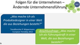 Folgen für die Unternehmen –
           Ändernde Unternehmensführung

          „Was mache ich als
    Produktedesigner in einer Welt
    die aus Beziehungen besteht?“
         Trendforscher P. Wippermann,
            European Trendday 2012      Anschlussfrage: „Was mache
                                        ich als Führungskraft in einer
                                          Welt, die aus Beziehungen
b                                                  besteht?“
 