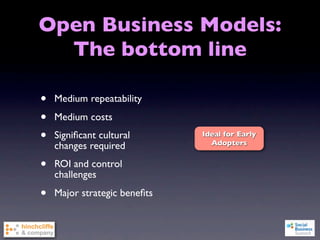 Open Business Models:
  The bottom line

•   Medium repeatability

•   Medium costs

•   Signiﬁcant cultural
    changes required
                              Ideal for Early
                                Adopters


•   ROI and control
    challenges

•   Major strategic beneﬁts
 