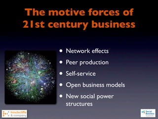 The motive forces of
21st century business

      • Network effects
      • Peer production
      • Self-service
      • Open business models
      • New social power
        structures
 