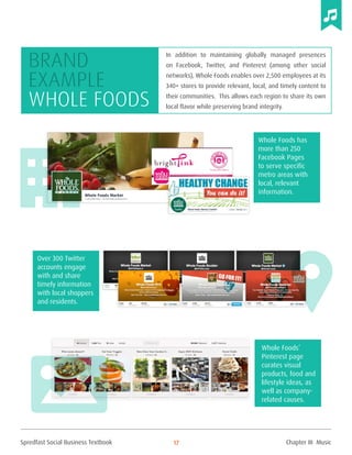 Spredfast Social Business Textbook 17
In addition to maintaining globally managed presences
on Facebook, Twitter, and Pinterest (among other social
networks), Whole Foods enables over 2,500 employees at its
340+ stores to provide relevant, local, and timely content to
their communities. This allows each region to share its own
local flavor while preserving brand integrity.
Brand
example
Whole Foods
Whole Foods has
more than 250
Facebook Pages
to serve specific
metro areas with
local, relevant
information.
Over 300 Twitter
accounts engage
with and share
timely information
with local shoppers
and residents.
Whole Foods’
Pinterest page
curates visual
products, food and
lifestyle ideas, as
well as company-
related causes.
Chapter III Music
 
