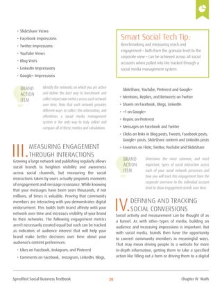 Spredfast Social Business Textbook 20
•	SlideShare Views
•	Facebook Impressions
•	Twitter Impressions
•	YouTube Views
•	Blog Visits
•	LinkedIn Impressions
•	Google+ Impressions
Identify the networks on which you are active
and define the best way to benchmark and
collectimpressionmetricsacrosseachnetwork
over time. Note that each network provides
different ways to collect this information, and
oftentimes a social media management
system is the only way to truly collect and
compare all of these metrics and calculations.
III.Measuring engagement
through interactions
Growing a large network and publishing regularly allows
social brands to heighten visibility and awareness
across social channels, but measuring the social
interactions taken by users actually pinpoints moments
of engagement and message resonance. While knowing
that your messages have been seen thousands, if not
millions, of times is valuable. Proving that community
members are interacting with you demonstrates digital
endorsement. This builds both brand affinity with your
network over time and increases visibility of your brand
to their networks. The following engagement metrics
aren’t necessarily created equal but each can be tracked
as indicators of audience interest that will help your
brand make better decisions over time about your
audience’s content preferences:
•	Likes on Facebook, Instagram, and Pinterest
•	Comments on Facebook, Instagram, LinkedIn, Blogs,
SlideShare, YouTube, Pinterest and Google+
•	Mentions, Replies, and Retweets on Twitter
•	Shares on Facebook, Blogs, LinkedIn
•	+1 on Google+
•	Repins on Pinterest
•	Messages on Facebook and Twitter
•	Clicks on links in Blog posts, Tweets, Facebook posts,
Google+ posts, SlideShare content and LinkedIn posts
•	Favorites on Flickr, Twitter, YouTube and SlideShare
Determine the most common, and most
important, types of social interaction across
each of your social network presences and
how you will track this engagement from the
corporate overview to the individual account
level to show engagement trends over time.
IV.Defining and tracking
social conversions
Social activity and measurement can be thought of as
a funnel. As with other types of media, building an
audience and increasing impressions is important. But
with social media, brands then have the opportunity
to convert community members in meaningful ways.
That may mean driving people to a website for more
in-depth information, getting them to take a specified
action like filling out a form or driving them to a digital
Brand
Action
Item
Brand
Action
Item
Smart Social Tech Tip:
Benchmarking and measuring reach and
engagement – both from the granular level to the
corporate view – can be achieved across all social
accounts when pulled into the tracked through a
social media management system.
Chapter IV Math
 