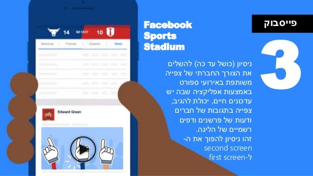 ‫פייסבוק‬Facebook
Sports
Stadium
3‫ניסיון‬(‫כושל‬‫כה‬ ‫עד‬)‫להשלים‬
‫צפייה‬ ‫של‬ ‫החברתי‬ ‫הצורך‬ ‫את‬
‫ספורט‬ ‫באירועי‬ ‫...