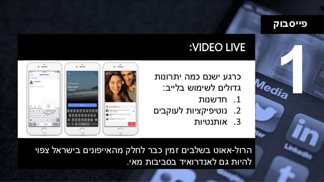 ‫פייסבוק‬
VIDEO LIVE:
1‫יתרונות‬ ‫כמה‬ ‫ישנם‬ ‫כרגע‬
‫בלייב‬ ‫לשימוש‬ ‫גדולים‬:
.1‫חדשנות‬
.2‫לעוקבים‬ ‫נוטיפיקציות‬
.3‫או...