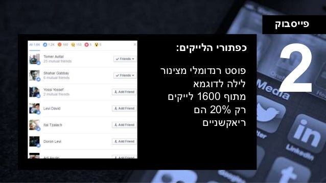 ‫פייסבוק‬
‫כפתורי‬‫הלייקים‬:
‫מצינור‬ ‫רנדומלי‬ ‫פוסט‬
‫לדוגמא‬ ‫לילה‬
‫מתוף‬1600‫לייקים‬
‫רק‬20%‫הם‬
‫ריאקשניים‬
2
 