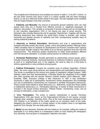 Social capital, institutional trust and political accountability, N° 5
The complete list of dimensions and variables are s...