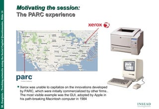 M.Gargiulo–TeachingnetworksusingtheSocialCapitalQuestionnaire,Slide14
Motivating the session:Motivating the session:
The PARC experienceThe PARC experience
Xerox was unable to capitalize on the innovations developed
by PARC, which were initially commercialized by other firms..
The most visible example was the GUI, adopted by Apple in
his path-breaking Macintosh computer in 1984
 
