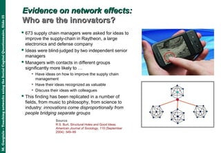 M.Gargiulo–TeachingnetworksusingtheSocialCapitalQuestionnaire,Slide25
Evidence on network effects:Evidence on network effects:
Who are the innovators?Who are the innovators?
 673 supply chain managers were asked for ideas to
improve the supply-chain in Raytheon, a large
electronics and defense company
 Ideas were blind-judged by two independent senior
managers
 Managers with contacts in different groups
significantly more likely to …
• Have ideas on how to improve the supply chain
management
• Have their ideas recognized as valuable
• Discuss their ideas with colleagues
 This finding has been replicated in a number of
fields, from music to philosophy, from science to
industry: innovations come disproportionally from
people bridging separate groups
Source
R.S. Burt, Structural Holes and Good Ideas.
American Journal of Sociology, 110 (September
2004): 349–99
 