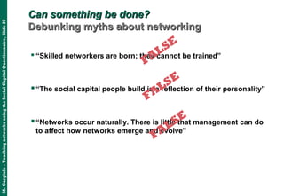 M.Gargiulo–TeachingnetworksusingtheSocialCapitalQuestionnaire,Slide27
Can something be done?Can something be done?
Debunking myths about networkingDebunking myths about networking
 “Skilled networkers are born; they cannot be trained”
“The social capital people build is a reflection of their personality”
“Networks occur naturally. There is little that management can do
to affect how networks emerge and evolve”
FALSE
FALSE
FALSE
 