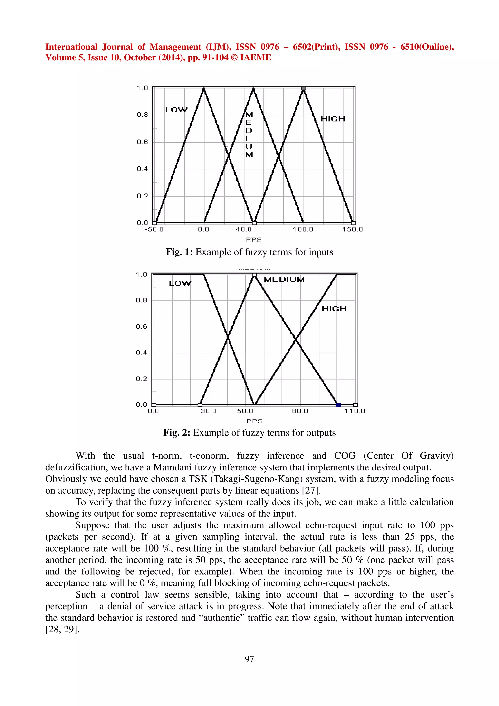 International Journal of Management (IJM), ISSN 0976 – 6502(Print), ISSN 0976 - 6510(Online), 
Volume 5, Issue 10, October (2014), pp. 91-104 © IAEME 
Fig. 1: Example of fuzzy terms for inputs 
Fig. 2: Example of fuzzy terms for outputs 
With the usual t-norm, t-conorm, fuzzy inference and COG (Center Of Gravity) 
defuzzification, we have a Mamdani fuzzy inference system that implements the desired output. 
Obviously we could have chosen a TSK (Takagi-Sugeno-Kang) system, with a fuzzy modeling focus 
on accuracy, replacing the consequent parts by linear equations [27]. 
To verify that the fuzzy inference system really does its job, we can make a little calculation 
showing its output for some representative values of the input. 
Suppose that the user adjusts the maximum allowed echo-request input rate to 100 pps 
(packets per second). If at a given sampling interval, the actual rate is less than 25 pps, the 
acceptance rate will be 100 %, resulting in the standard behavior (all packets will pass). If, during 
another period, the incoming rate is 50 pps, the acceptance rate will be 50 % (one packet will pass 
and the following be rejected, for example). When the incoming rate is 100 pps or higher, the 
acceptance rate will be 0 %, meaning full blocking of incoming echo-request packets. 
Such a control law seems sensible, taking into account that – according to the user’s 
perception – a denial of service attack is in progress. Note that immediately after the end of attack 
the standard behavior is restored and “authentic” traffic can flow again, without human intervention 
[28, 29]. 
97 
 