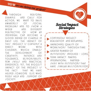 Through personal
example and calls for
action, we want to raise
awareness of social
problems and to show a
wider and different
perspective of how an
individual can become a
good driver of change in
daily life. The impact of
this project is certainly a
direct work with
children, which enables
the development of
creativity, patience and
tolerance, responsibility,
new skills and practical
experience; yet, the biggest
impact of the project is
the fact that we have
helped someone else who
needs help and support of
society.
Continuous project
realization and replaning
Improving quality of
workshops through time
Greater number of
institutions involved - long
term impact Making
international partner-
ships with institutions that
have similar mission/vision.
 