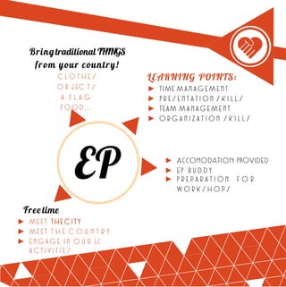 ► ACCOMODATION PROVIDED
► EP buddy
► Preparation f o r
workshops
clothes
o b jec ts
a f l a g
food...
► Time management
► Presentation skills
► Team management
► Organization skills
► meet thecity
► meet t h e c o u n t r y
► engage in o u r LC
activities
 