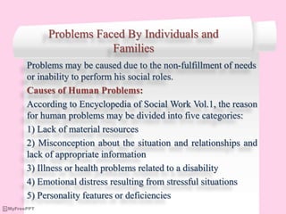 Problems Faced By Individuals and
Families
Problems may be caused due to the non-fulfillment of needs
or inability to perform his social roles.
Causes of Human Problems:
According to Encyclopedia of Social Work Vol.1, the reason
for human problems may be divided into five categories:
1) Lack of material resources
2) Misconception about the situation and relationships and
lack of appropriate information
3) Illness or health problems related to a disability
4) Emotional distress resulting from stressful situations
5) Personality features or deficiencies
 
